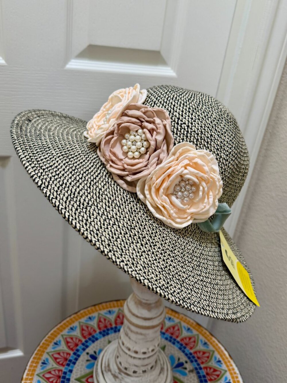 Elegant Women's Tweed Sun Hat With Satin Flowers And Pearls Wedding Tea Party
